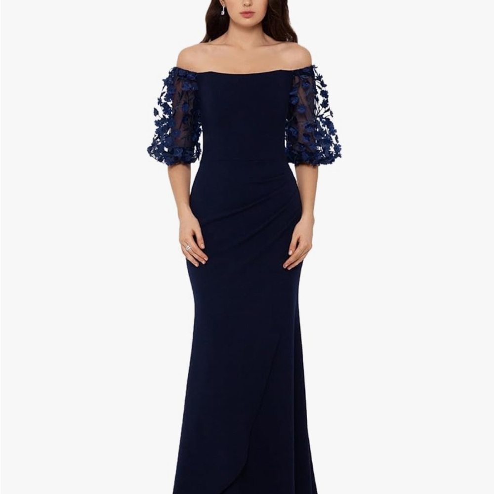 Blue Off-Shoulder Puff Sleeve Gown for Weddings Navy Blue